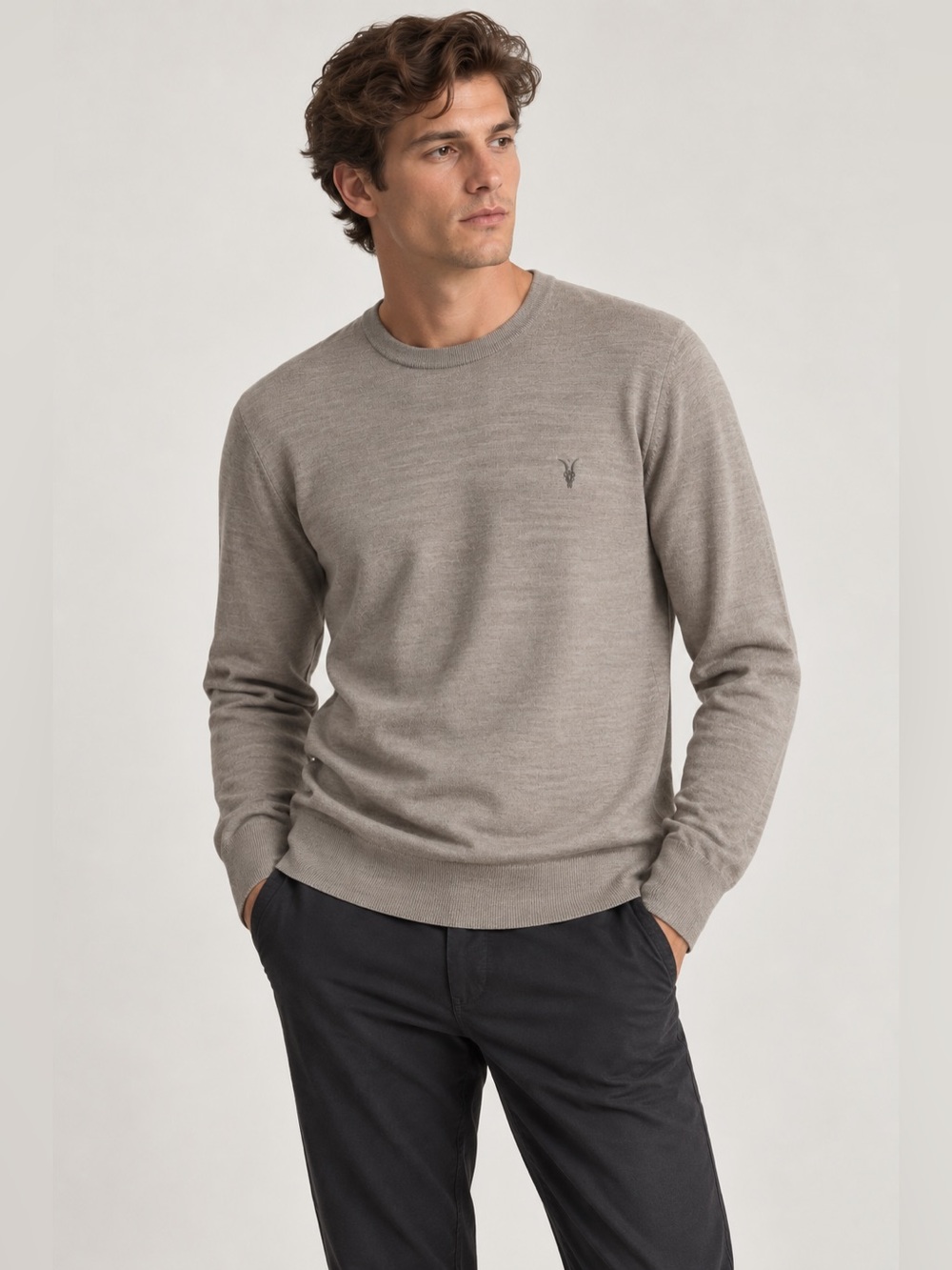 All Saints Mode 100% Merino Wool Crew Sweater Stone Taupe Ramskull Medium